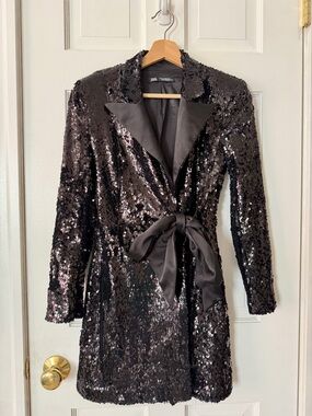 ZARA Black Sequin Mini Wrap Blazer Dress with Satin Tie